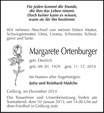 Traueranzeige von Margarete Ortenburger von Mitteldeutsche Zeitung Köthen