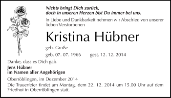 Traueranzeige von Kristina Hübner von Mitteldeutsche Zeitung Sangerhausen