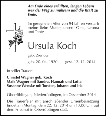 Traueranzeige von Ursula Koch von Mitteldeutsche Zeitung Sangerhausen