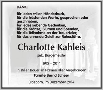 Traueranzeige von Charlotte Kahleis von Mitteldeutsche Zeitung Mansfelder Land