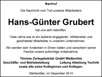Traueranzeige von Hans-Günter Grubert von Mitteldeutsche Zeitung Weißenfels