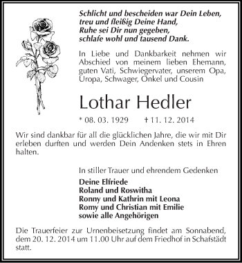 Traueranzeige von Lothar Hedler von Mitteldeutsche Zeitung Merseburg/Querfurt