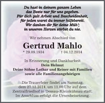 Traueranzeige von Gertrud Mahlo von Mitteldeutsche Zeitung Dessau-Roßlau