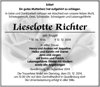 Traueranzeige von Lieselotte Richter von Mitteldeutsche Zeitung Quedlinburg