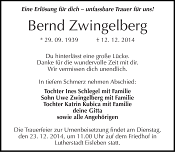 Traueranzeige von Bernd Zwingelberg von Mitteldeutsche Zeitung Mansfelder Land