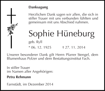Traueranzeige von Sophie Hüneburg von Mitteldeutsche Zeitung Merseburg/Querfurt