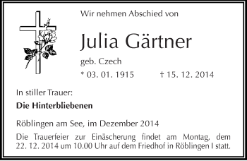 Traueranzeige von Julia Gärtner von Mitteldeutsche Zeitung Mansfelder Land