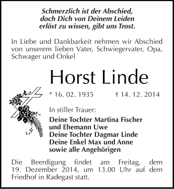 Traueranzeige von Horst Linde von Mitteldeutsche Zeitung Köthen