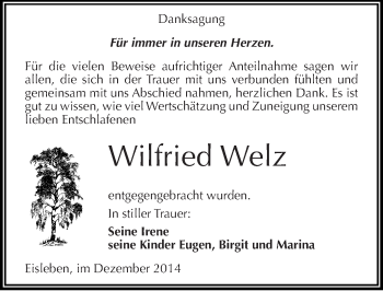 Traueranzeige von Wilfried Welz von Mitteldeutsche Zeitung Mansfelder Land