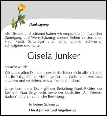 Traueranzeige von Gisela Junker von Mitteldeutsche Zeitung Sangerhausen