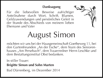 Traueranzeige von August Simon von Mitteldeutsche Zeitung Merseburg/Querfurt