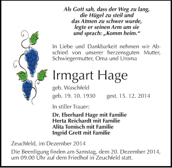 Traueranzeige von Irmgart Hage von Mitteldeutsche Zeitung Naumburg/Nebra