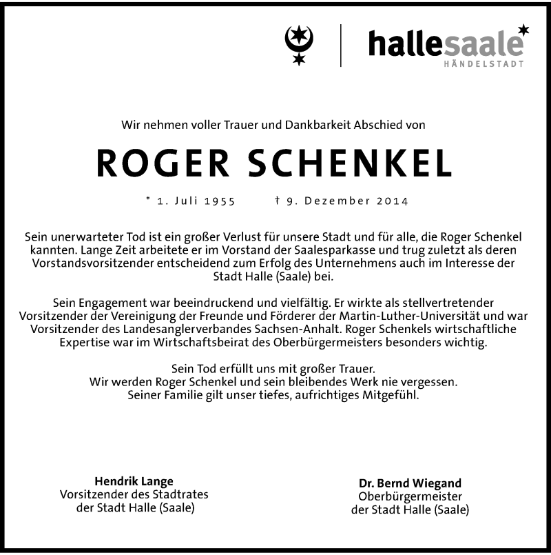  Traueranzeige für Roger Schenkel vom 17.12.2014 aus Mitteldeutsche Zeitung Halle/Saalkreis