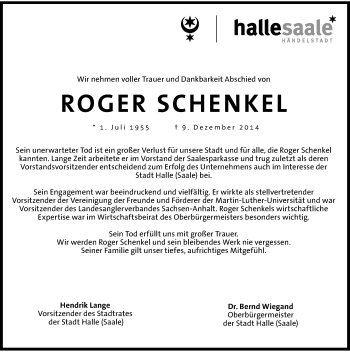 Traueranzeige von Roger Schenkel von Mitteldeutsche Zeitung Halle/Saalkreis