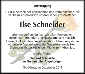 Traueranzeige von Ilse Schneider von Mitteldeutsche Zeitung Mansfelder Land