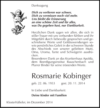 Traueranzeige von Rosmarie Kobinger von Mitteldeutsche Zeitung Naumburg/Nebra