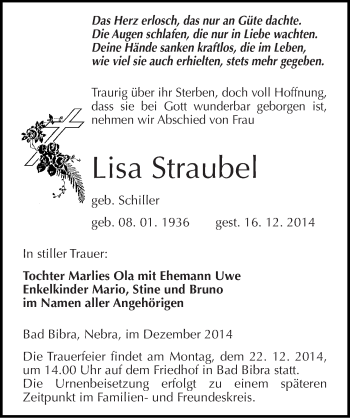 Traueranzeige von Lisa Straubel von Mitteldeutsche Zeitung Naumburg/Nebra