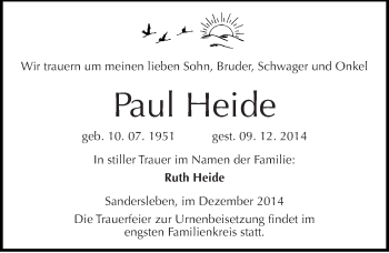 Traueranzeige von Paul Heide von Mitteldeutsche Zeitung Mansfelder Land