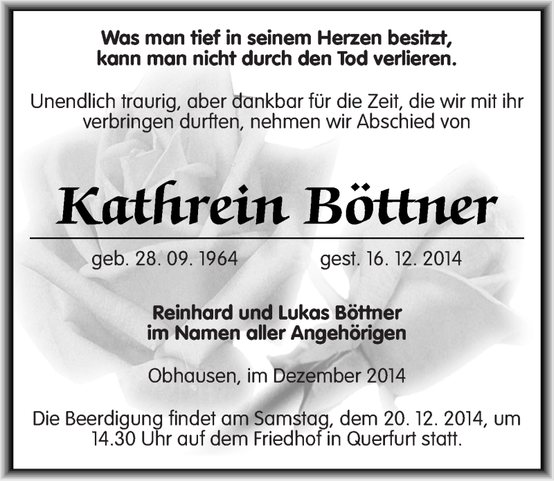  Traueranzeige für Kathrein Böttner vom 18.12.2014 aus Mitteldeutsche Zeitung Merseburg/Querfurt