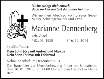 Traueranzeige von Marianne Dannenberg von Mitteldeutsche Zeitung Naumburg/Nebra
