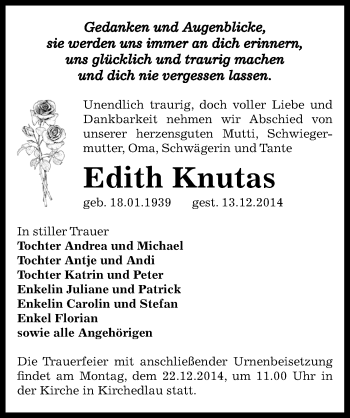 Traueranzeige von Edith Knutas von Mitteldeutsche Zeitung Bernburg