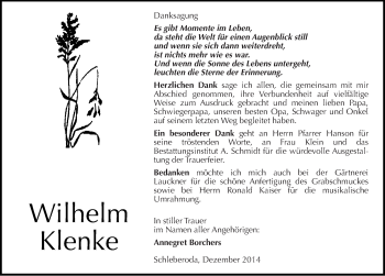 Traueranzeige von Wilhelm Klenke von Mitteldeutsche Zeitung Naumburg/Nebra