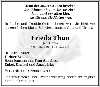 Traueranzeige von Frieda Thun von Mitteldeutsche Zeitung Mansfelder Land