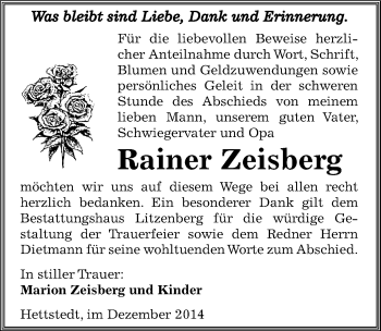 Traueranzeige von Rainer Zeisberg von Mitteldeutsche Zeitung Mansfelder Land