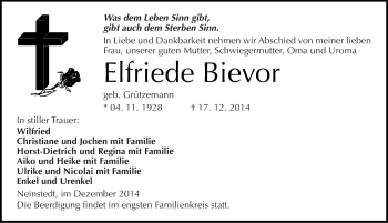 Traueranzeige von Elfriede Bievor von Mitteldeutsche Zeitung Quedlinburg