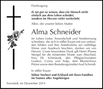 Traueranzeige von Alma Schneider von Mitteldeutsche Zeitung Merseburg/Querfurt