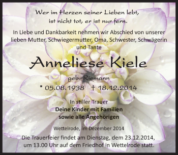 Traueranzeige von Anneliese Kiele von Mitteldeutsche Zeitung Sangerhausen