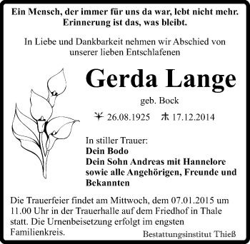 Traueranzeige von Gerda Lange von Mitteldeutsche Zeitung Quedlinburg