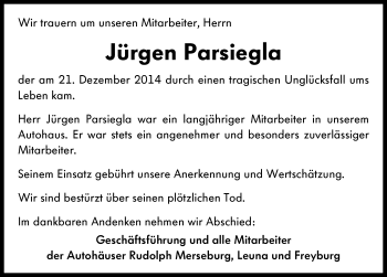 Traueranzeige von Jürgen Parsiegla von Mitteldeutsche Zeitung Merseburg/Querfurt