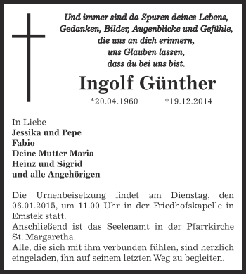 Traueranzeige von Ingolf Günther von Super Sonntag Bernburg