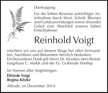 Traueranzeige von Reinhold Voigt von Mitteldeutsche Zeitung Quedlinburg