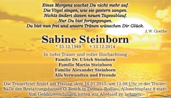 Traueranzeige von Sabine Steinborn von Mitteldeutsche Zeitung Dessau-Roßlau