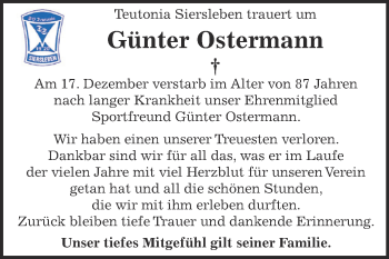 Traueranzeige von Günter Ostermann von Wochenspiegel Mansfelder Land