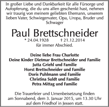 Traueranzeige von Paul Brettschneider von WVG - Wochenspiegel Wittenberg