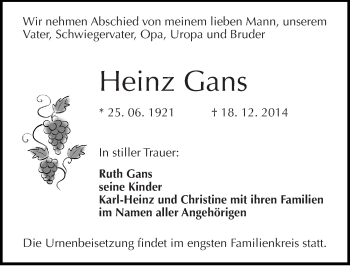 Traueranzeige von Heinz Gans von Mitteldeutsche Zeitung Naumburg/Nebra