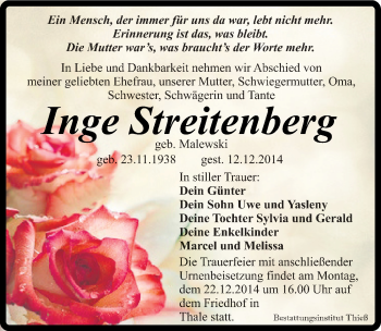 Traueranzeige von Inge Streitenberg von Mitteldeutsche Zeitung Quedlinburg
