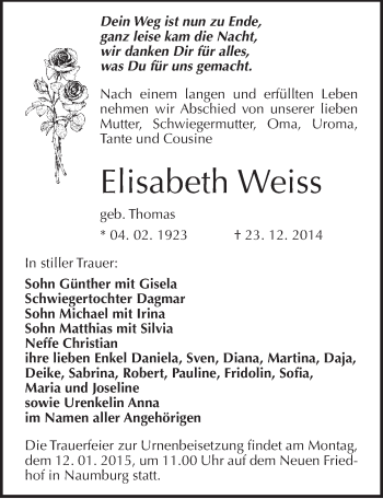 Traueranzeige von Elisabeth Weiss von  Mitteldeutsche Zeitung Naumburg/Nebra