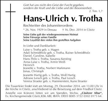 Traueranzeige von Hans-Ulrich von Throtha von Mitteldeutsche Zeitung Köthen