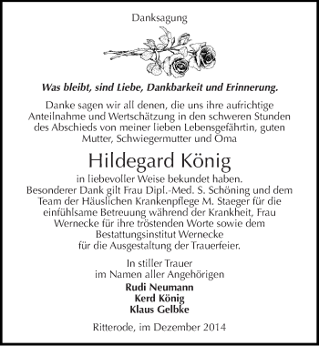 Traueranzeige von Hildegard König von Mitteldeutsche Zeitung Mansfelder Land