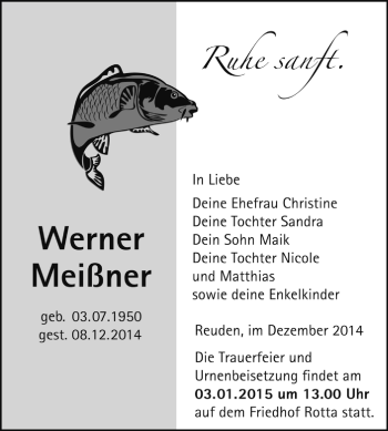 Traueranzeige von Werner Meißner von Super Sonntag Wittenberg