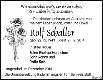 Traueranzeige von Rolf Schaller von WVG - Wochenspiegel NMB / WSF / ZTZ