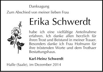 Traueranzeige von Erika Schwerdt von Mitteldeutsche Zeitung Halle/Saalkreis