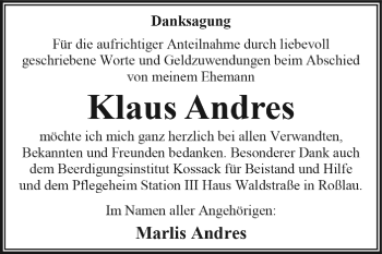 Traueranzeige von Klaus Andres von WVG - Wochenspiegel Dessau / Köthen