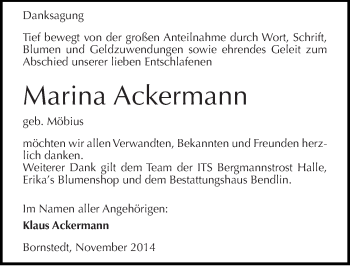 Traueranzeige von Marina Ackermann von Mitteldeutsche Zeitung Mansfelder Land