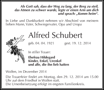 Traueranzeige von Alfred Schubert von Mitteldeutsche Zeitung Bitterfeld
