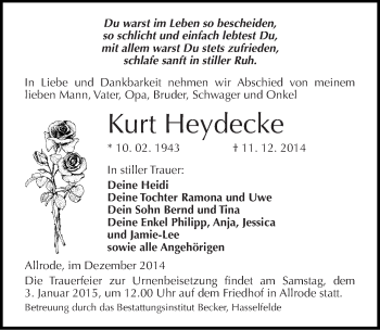 Traueranzeige von Kurt Heydecke von Mitteldeutsche Zeitung Quedlinburg